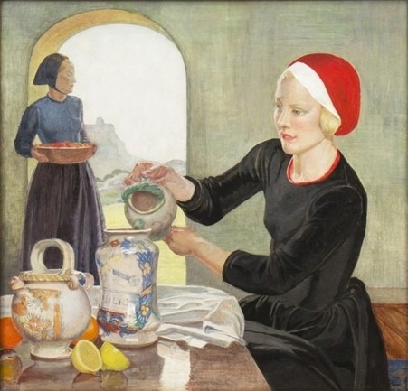 A vintage-style painting of two women preparing preserves or cordials in a traditional still room. In the foreground, a woman wearing a black dress and a red-and-white head covering carefully pours liquid through a small strainer into a decorated ceramic jar on a wooden table. Beside her are large glazed storage jars, cut lemons and a folded cloth. In the background, another woman stands holding a bowl near an arched opening overlooking a countryside landscape. The scene evokes the historical craft of preserving, distilling and household production.