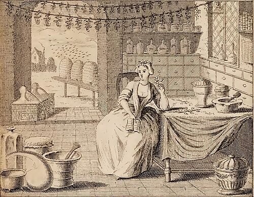 An eighteenth-century engraving of a woman seated in a traditional still room surrounded by shelves of bottles, jars and storage drawers. Distilling vessels, bowls and preserving equipment are arranged around the room, while herbs or plants hang drying from the ceiling. An open doorway reveals a garden beyond, emphasising the close connection between growing, harvesting and processing ingredients. The illustration depicts the still room as a dedicated workspace for preserving food, preparing medicines and producing household goods.