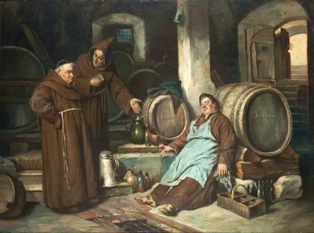 A nineteenth-century painting of two monks standing beside a seated worker in a monastery cellar lined with large wooden barrels. One monk gestures towards a jug while the seated figure appears to have fallen asleep or become intoxicated, surrounded by bottles, jugs and casks. The scene humorously reflects the long tradition of brewing and winemaking in medieval monasteries, illustrating the close association between monastic life, fermentation and the production of beer and wine.